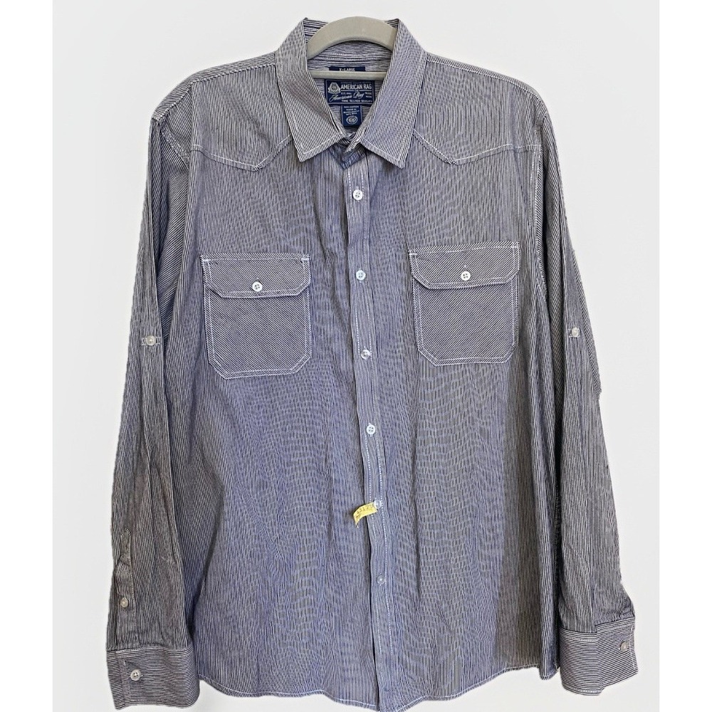 American Rag Mens XL Navy Pinstripe 100% Cotton L/S Shirt Grunge 90s